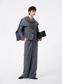 Aalyst Women Retro Elegant Fashion Long Sleeve Collar Scarf Jacket And Straight Solid Color Pants Suit, Comfortable For Commuting