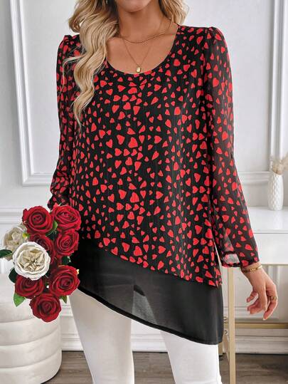 EMERY ROSE Valentines Clothes Women's Simple Fashionable Casual Long Sleeve Blouse, For Everyday Wear