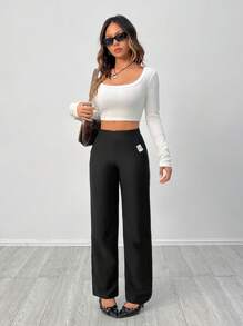 SHEIN PETITE 高腰斜口袋拼布直腿弹力编织黑色直筒裤 - 黑色 - 查看 8