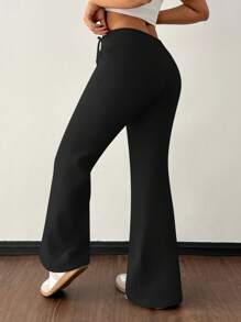 SHEIN PETITE Casual Low-Waist Drawstring Waist Elastic Sports Pants Flared Pants Sweatpants Thermal Lined Composite Velvet Suitable For Autumn And Winter - Black - View 7