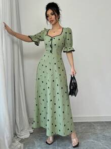 Modelyn Women's Floral Print Button Trim Dress, Elegant Long Sleeve - Green - View 5