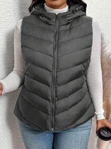 SHEIN Frenchy Plus Size Women Black Cotton Padded Vest, Comfortable Casual Versatile Vest For Daily Wear And Gatherings, Autumn/Winter - Grey - View 3