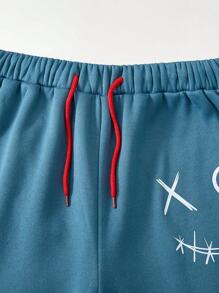 SHEIN 2 件套青少年男孩休闲连帽衫搭配运动裤，笑脸设计，适合万圣节 - 藍色 - 查看 5