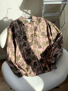 SHEIN EZwear Women's Street Style Tree Branch Patterned Turndown Collar Loose Long Sleeve Shirt Jacket - Green - View 3