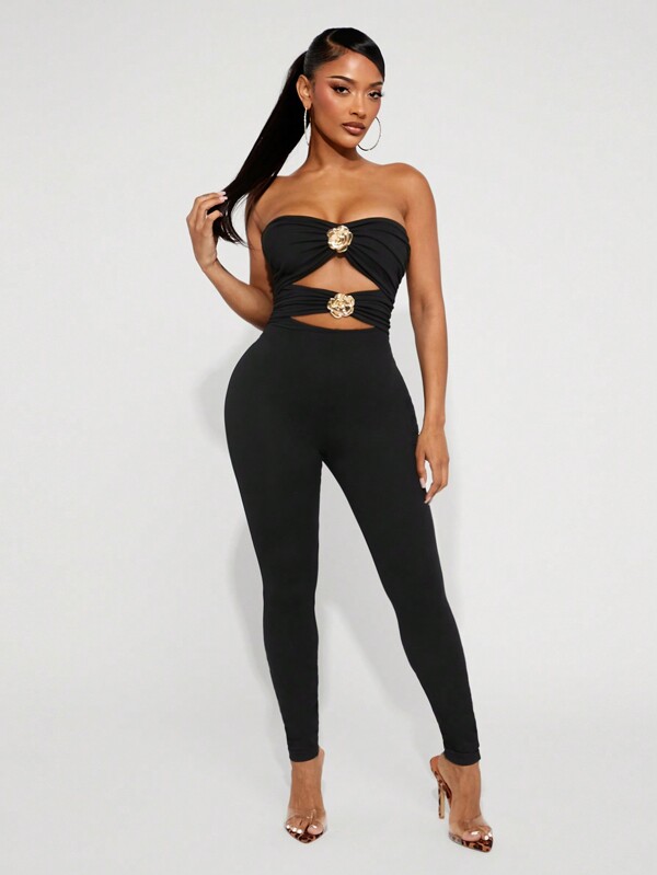 Radiana Ropa de mujer para otoño; Body con accesorios de copa de sujetador de mujer con retorcido cruzado y rosas huecas de metal, diseño de flor tridimensional; Para fiesta de cóctel, cita romántica, vestido de capa, fiesta, evento formal, discoteca, Halloween, Navidad