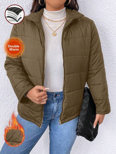 SHEIN LUNE Women Plus Size Solid Color Zip Front Long Sleeve Casual Winter Clothes Puffer Jacket Fall Cloth For Women