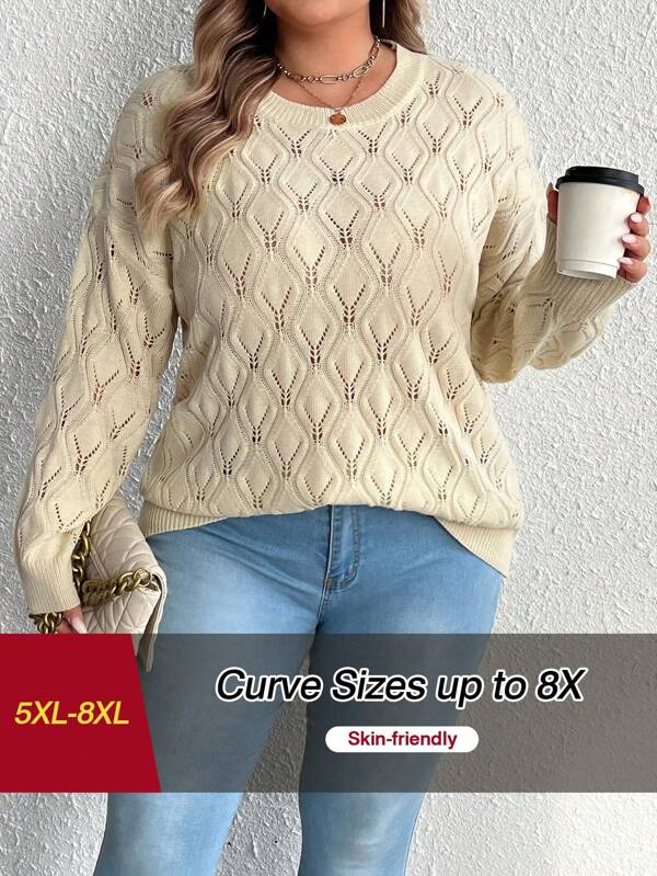 SHEIN CURVE+ Pull ample à col rond, manches longues, motif losange ajouré. Pour femmes, printemps/automne