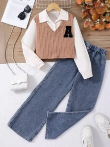 2pcs Tween Girl Collared Short Top And Loose Straight Leg Jeans Pants Set