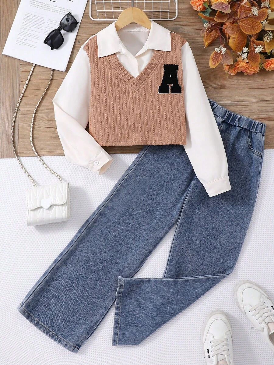 2pcs Tween Girl Collared Short Top And Loose Straight Leg Jeans Pants Set