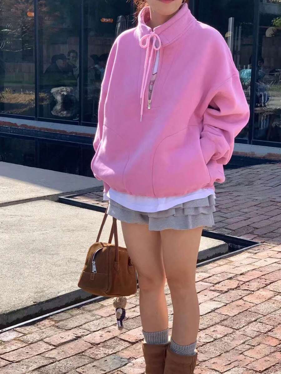 INAWLY Women Solid Color Drop Shoulder Long Sleeve Kangaroo Pocket Half-Placket Casual Sweatshirt, For Spring/Autumn/Winter - Pink - View 1