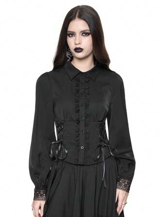 Goth Vintage Gothic Ruffled Bow Tie Collar, Baroque Crystal Pendant, Bell Ruffle Cuff, Cinched Waist Women Blouse, Halloween