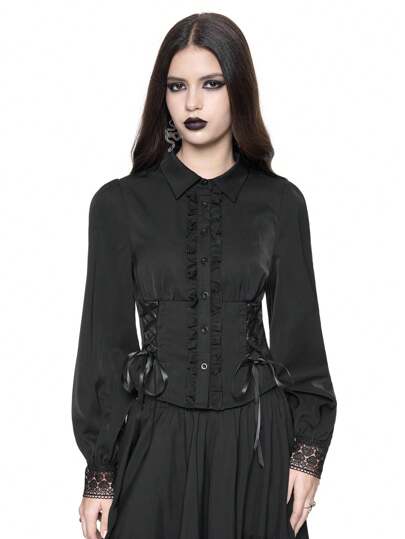 Vintage Gothic gerüschte Fliege Kragen, Barock Kristall Anhänger, Glocke Rüsche Manschette, tailliertes Damen Oberteil, Halloween