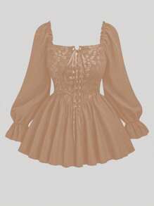 Flirla 大领泡泡袖收腰 A 字形撞色提花衬衫