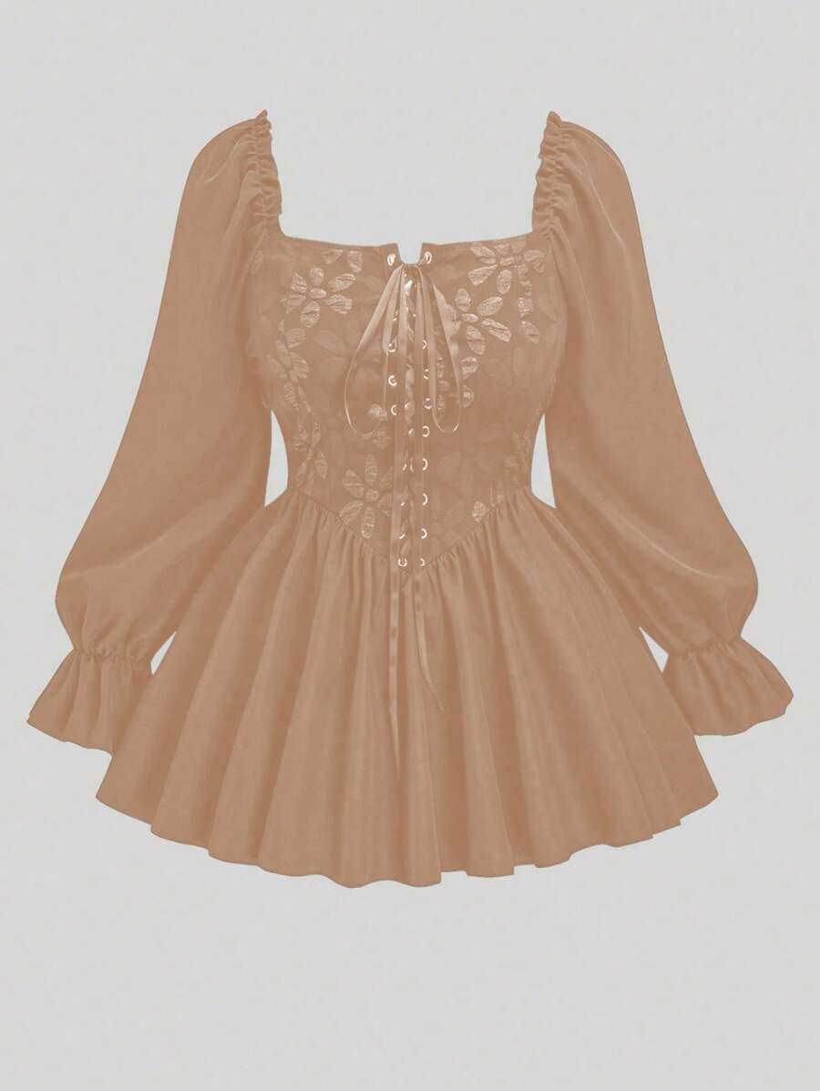 Flirla 大领泡泡袖收腰 A 字形撞色提花衬衫