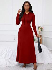 SHEIN LUNE Gaun Maxi Wanita Berkerudung dengan Tali Serut dan Kantong, Pakaian Wanita - Burgundy - View 4
