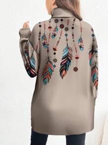 SHEIN LUNE Plus Size Casual Minimalist Feather Print High Neck Long T-Shirt, Autumn/Winter