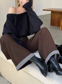 DAZY Women's Striped Patchwork Wide Leg Pants With Pockets, Casual Loose Suit Pants Buisness Attire - Brown - View 4