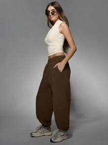 MISSGUIDED 运动超大运动裤慢跑裤宽松抽绳冬季秋季休闲运动都市街头服饰家居服舒适厚羊毛卷边 - 棕色 - 查看 6