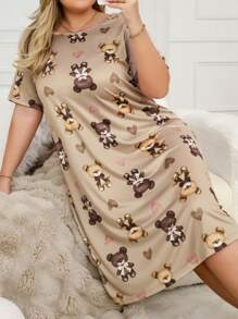 Simple Fashionable Cartoon Bear Print Plus Size Casual Nightgown For Everyday Wear