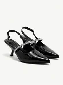 CUCCOO CHICEST 女士时尚优雅黑色水钻绑带尖头高跟鞋，适合婚礼新娘/伴娘、宴会、约会、派对、圣诞节、新年、情人节等场合，舒适百搭。 - 黑色 - 查看 3