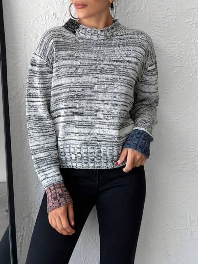 EURMUSE Women Round Neck Pink And Blue  Hem Detailed  Cool Cozy Pullover Sweater