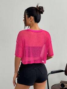 SHEIN EZwear 女士纯色圆领短袖透明简约休闲衬衫 - 玫紅色 - 查看 3