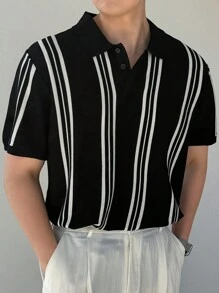 DAZY Áo thun Polo tay ngắn kẻ sọc đen trắng dành cho nam, áo len mùa hè - màu đen - Xem 1