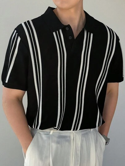 DAZY Áo thun Polo tay ngắn kẻ sọc đen trắng dành cho nam, áo len mùa hè