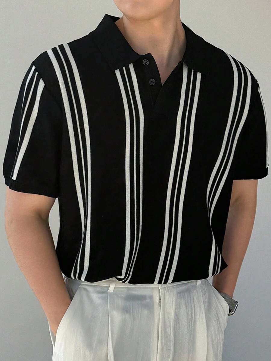 DAZY Áo thun Polo tay ngắn kẻ sọc đen trắng dành cho nam, áo len mùa hè - màu đen - Xem 1