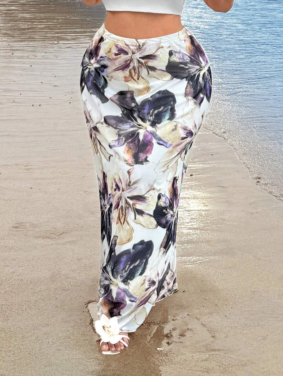 SHEIN SXY 大码女式早春花卉印花紧身裙，适合日常穿着、度假、海边、海滩派对、约会之夜、生日、单身派对、舞会、情侣约会、优雅、休闲、购物、街头穿着、户外、性感、易于搭配且显瘦