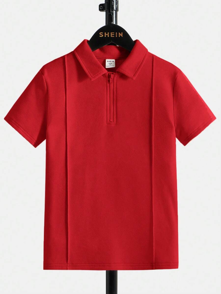 SHEIN Camisa polo de unicolor casual y cómoda con cuello para niños preadolescentes - Rojo - Ver 1