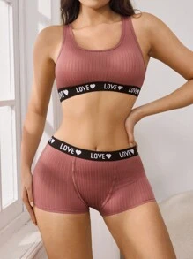 EasyFave Women Letter Design Detail Solid Color Patchwork Minimalist Top And Bottom Underwear Set