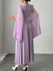 SHEIN Privé 女士优雅 V 领荷叶边喇叭袖衬衫和褶皱 A 字裙 2 件套 - 紫色 - 查看 2