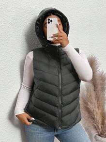 SHEIN Frenchy Plus Size Women Black Cotton Padded Vest, Comfortable Casual Versatile Vest For Daily Wear And Gatherings, Autumn/Winter - Grey - View 7