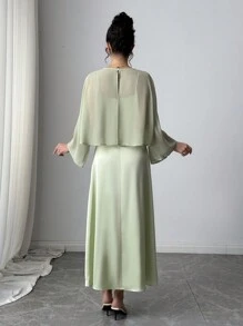 Elenzga 女士优雅纯色休闲连衣裙，简约时尚，适合日常穿着 - 綠色 - 查看 2