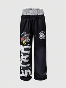 ROMWE MEN Street Life Men's Letter Print Pockets Wide Leg Loose Waistband Sweatpants