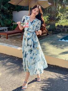 DAZY Women's Elegant Tie Dye Puffy Sleeve Mid-Length Dress Floral Summer