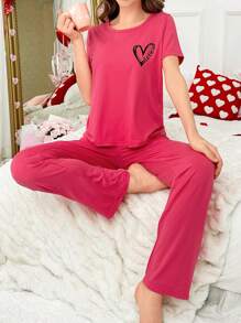 心形与字母图案短袖和长裤女士睡衣套装 - 粉色 - 查看 5