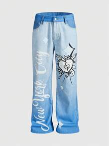 ROMWE MEN Street Life Herren Jeans mit Taschen, Buchstaben und Herz Grafik, weites Bein, lockere Baggy-Casual-Jeans - Blau - Übersicht 1