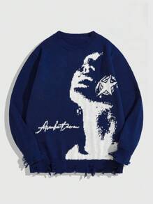 ROMWE MEN ROMWE Avant Men's Crew Neck Portrait Graphic Distressed Sweater - Navy Blue - View 1