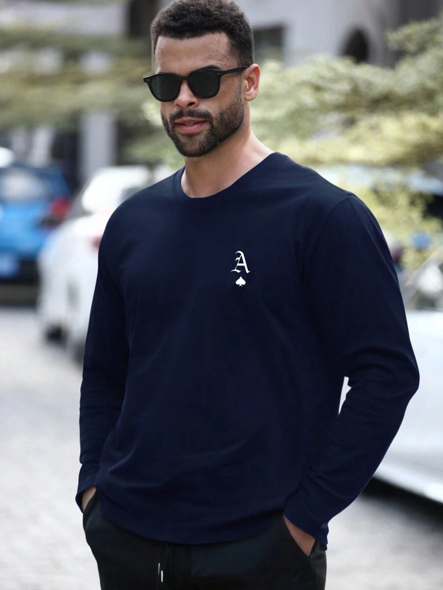 Manfinity LEGND Plus Size Men's Print Round Neck Long Sleeve Casual T-Shirt, Autumn - Navy Blue - View 1