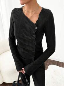 EURMUSE Asymmetric Ribbed Long Sleeve Top And Long Pants 2 Piece Set
