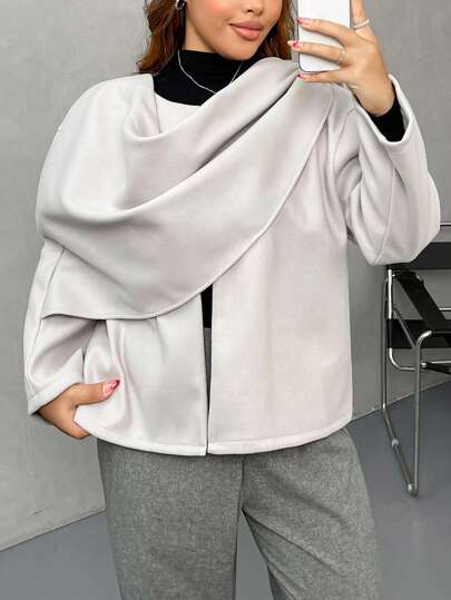 SHEIN Privé 大码 2024 秋季女装机场风时尚休闲宽松百搭黑色羊毛夹克设计配围巾，短款开衫保暖冬季羊毛夹克