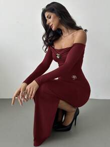 Firerie Women's Elegant, Exquisite, Fashionable And Romantic Off Shoulder Metal Flower Decorated Ruffle Bodycon Bell Sleeve Dress Wedding Guest Dress Modest Maxi Dress Evening Modest Gown / Luxury Embroidery Dress - Burgundy - View 6