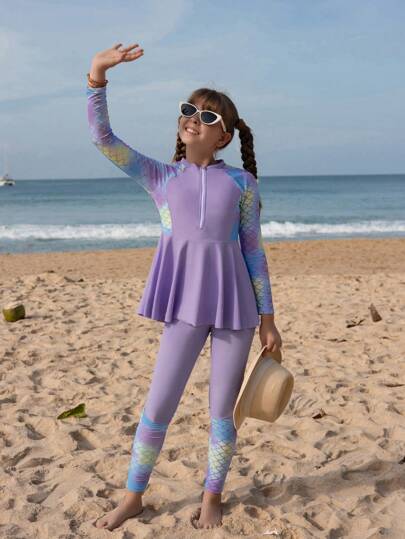 SHEIN Tween Girls 可爱美人鱼鳞片印花拼色比基尼，适合游泳、海滩、冲浪、潜水、防晒泳装套装