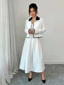 Elenzga Conjunto de chaqueta de manga larga de solapa de bloqueo de color con una hilera de botones y falda midi elegante y de moda para mujeres - Blanco - Ver 4