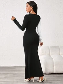 SHEIN Lady 秋冬优雅工装黑白针织圆领鱼尾长袖连衣裙 - 黑色 - 查看 2