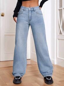SHEIN EZwear 女式宽松版型保暖内衬直筒牛仔裤，带口袋 - 藍色 - 查看 6