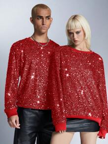 Manfinity UZERO Felpa girocollo unisex di moda con glitter, aderente