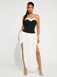SHEIN SXY White Party/Valentine's Day Dress With Ruffle Collar, Tube, Contrast Color, Slit, Sexy Sleeveless Dress For Women